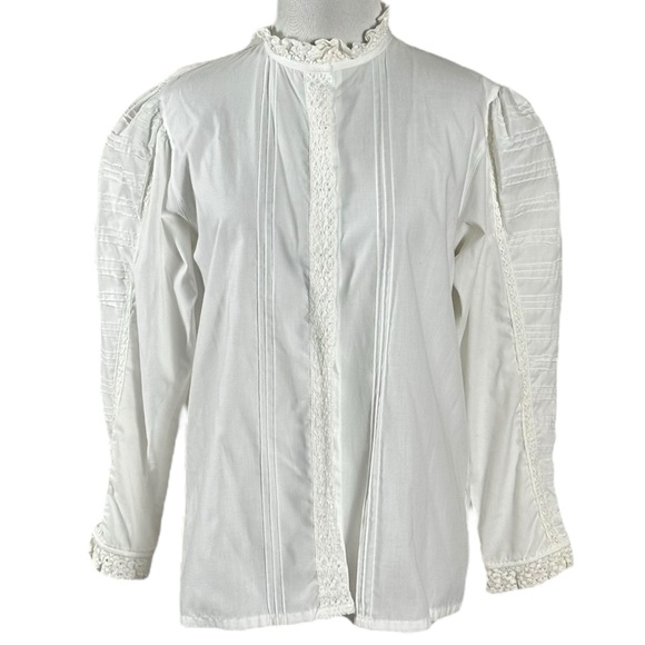 Vintage 70s Edwardian Victorian Puff Sleeve Lace Button Down Shirt White Medium - Picture 1 of 7